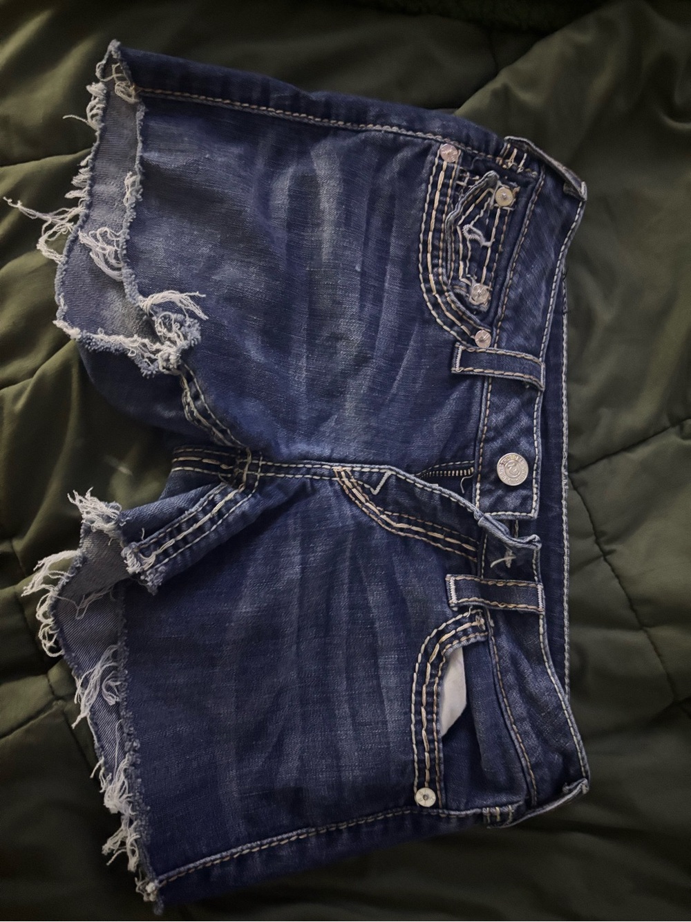 True Religion Indigo Denim Cutoff Shorts with Contrast (tan) Stitching - Picture 2 of 5